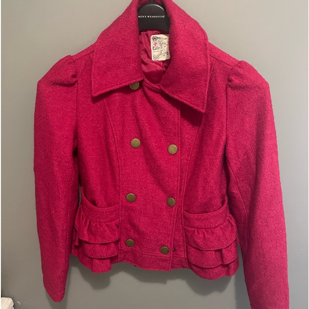 Tulle Hot Pink Wool Pea Coat Size L